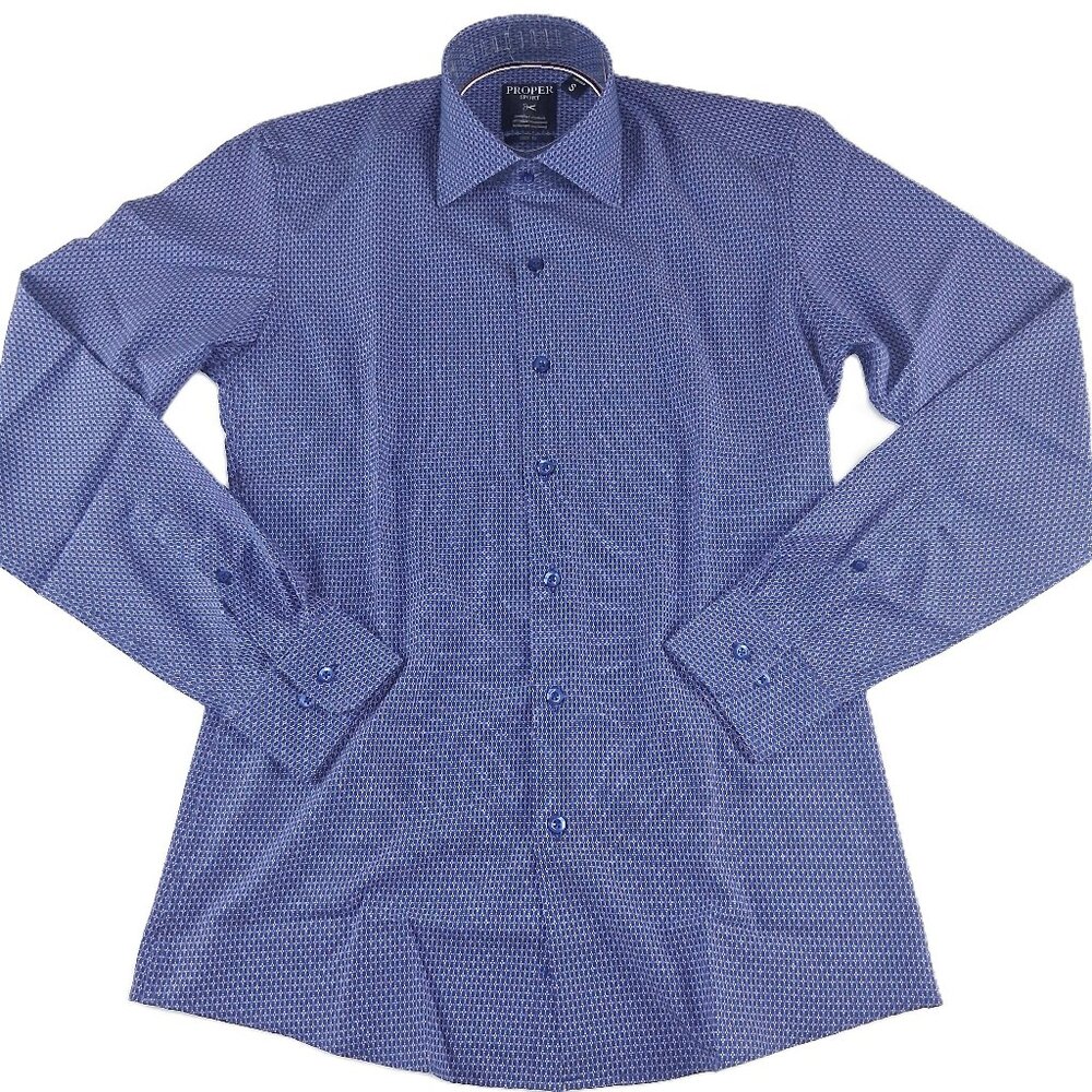Proper Sport Slim Fit Button Front Dress Shirt Men's Size Small Navy Blue Print